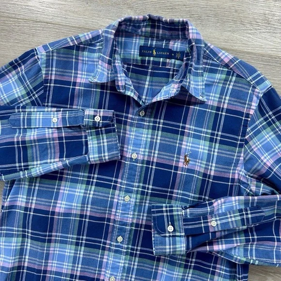 Polo Ralph Lauren Medium Blue Plaid Long Sleeve Button Down Flesh Pony