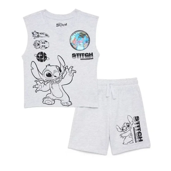 Disney Stitch Muscle Tank & Shorts Set Heather‎ Gray Kids 2pc Outfit 4T