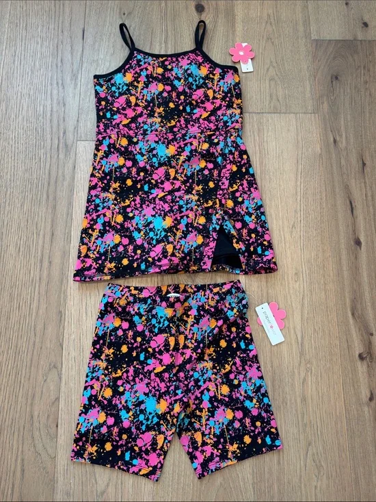 NWT Paper Flower Paint Splatter Mini Dress Set Girls Medium Matching Bike Shorts