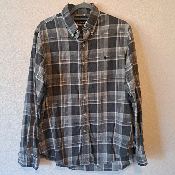 Polo Ralph Lauren Mens Grey Plaid Flannel Shirt Custom Fit Large Long Sleeve