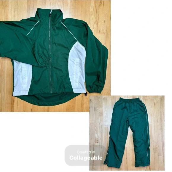 Y2K Windbreaker Tracksuit‎ Youth Medium Green Set Pants Jacket Retro Cheer Warm