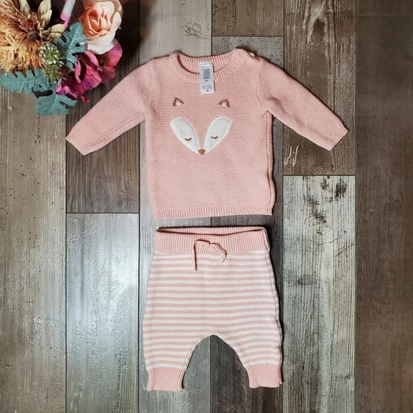 Carter's Matching Pink and White Fox 2 Pc Set Striped Pants 3 Months 3M NWOT