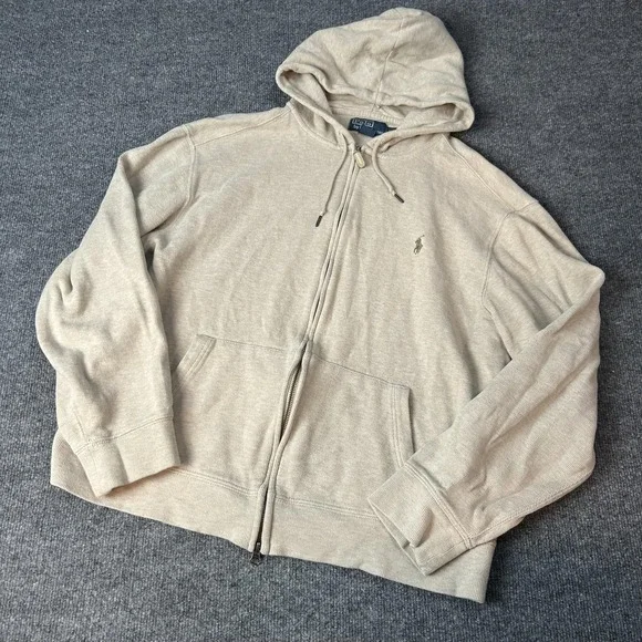Polo Ralph Lauren Hoodie Mens XL Beige Full Zip Cotton Knit Pony Logo Sweatshirt