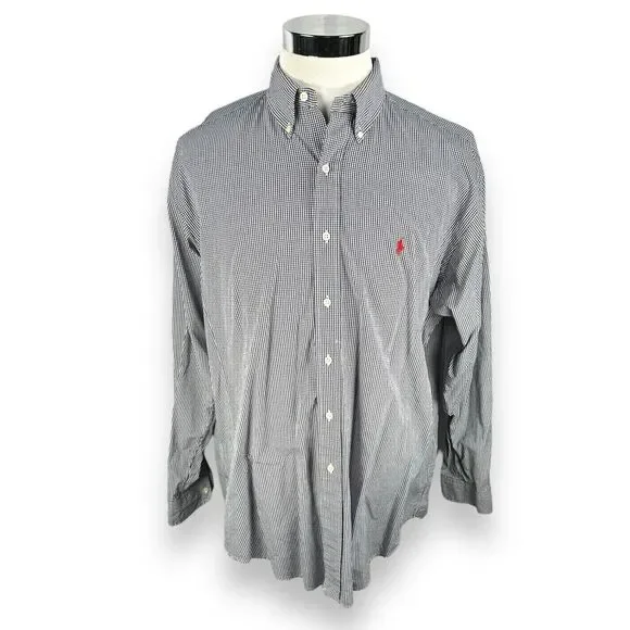 Polo Ralph Lauren Shirt Men's Large Navy Blue‎ Micro Gingham Button Blake Cotton