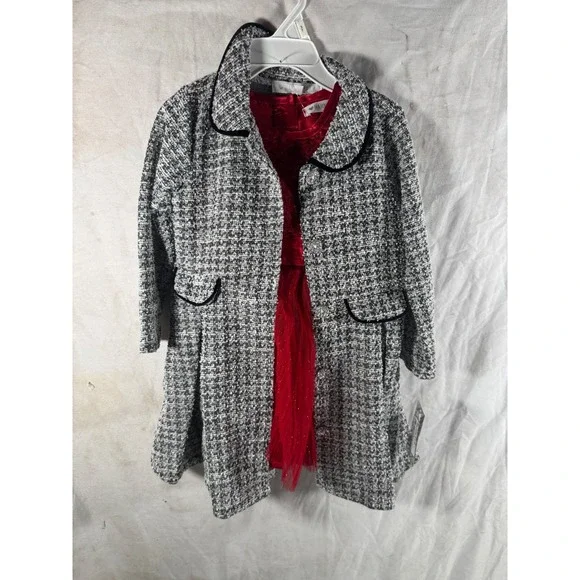 Nannette Kids 2pc Set Red Sequin Tulle Dress and Grey Tweed Coat Girls 3T NEW