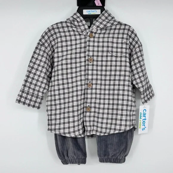 Carter's Child of Mine 2pc Outfit Set Boys 0-3M‎ Grey Plaid Hooded Shirt Pants