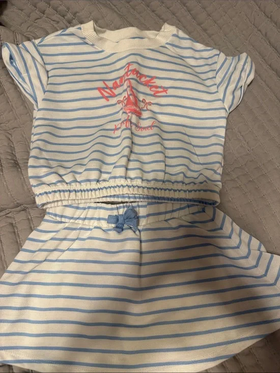 Derek Heart Blue and White Striped Two-Piece Set with Coral Graphic