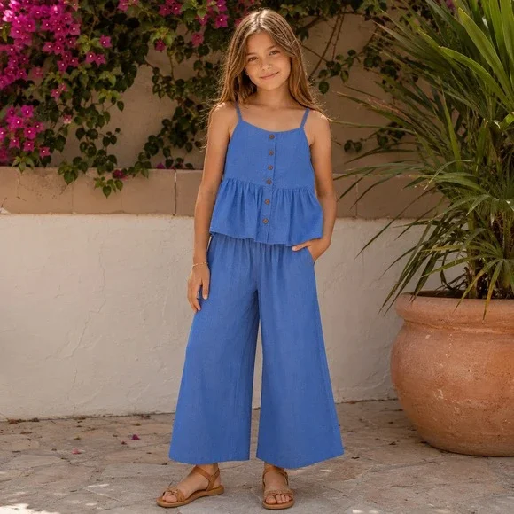 H&M Kids Blue 2 Piece‎ Matching Set Wide Leg Pants Peplum Top 9-10Y