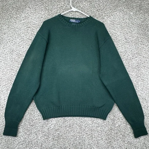 Polo Ralph Lauren Sweater Mens L Green Cotton Knit Crew Pullover Chunky‎ Heavy