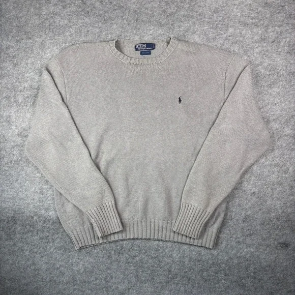 Vintage Polo Ralph Lauren Crewneck Sweater Grey Cotton Knit Pony Logo XL