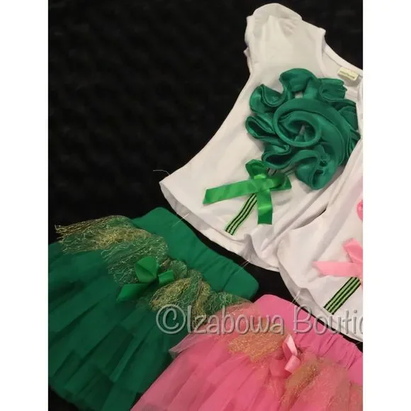 Green Satin Flower 2 Piece Top Tulle Skirt  GF2PC4T  4T  (I)  NWT Boutique