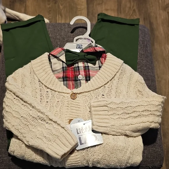 NWT 3 Piece Plaid Shirt Cream Sweater Green Pants Set Tie Little Lad Boy Toddler