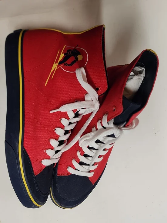 Polo by Ralph Lauren Red Solomon Sz 10.5 High-Top Sneakers with Navy Yellow Trim