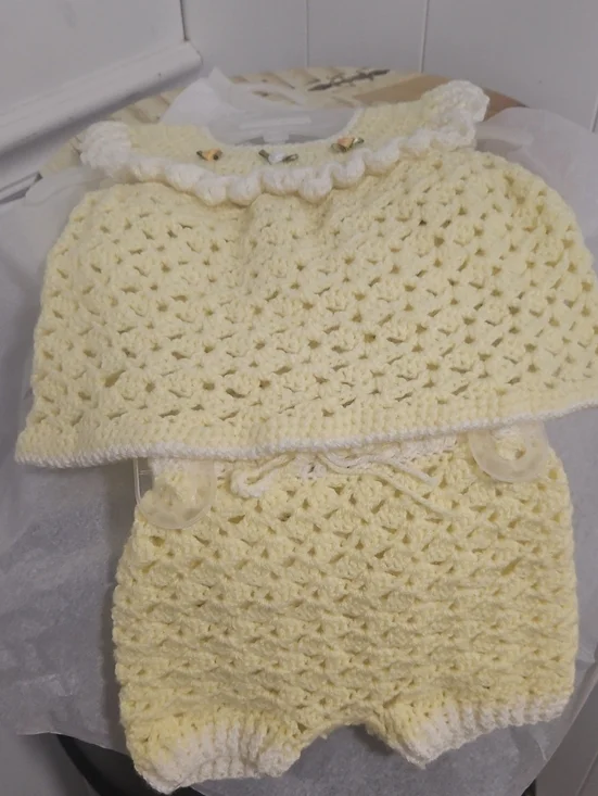 Handmade Crochet Baby Two-Piece Set in Pale Yellow with White Trim