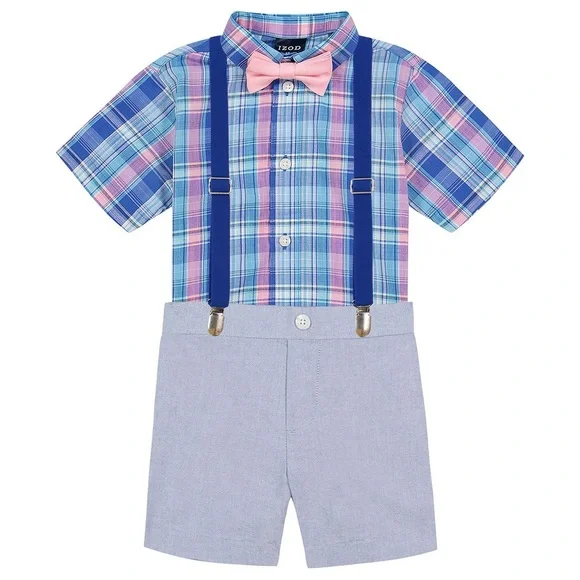 NEW‼️Toddler Boy IZOD 4 Piece Suspenders Shirt Set Cotton Blend Summer F…
