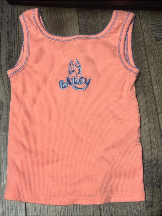 Girls Coral Ribbed Tank Top and Shorts Set with Blue Logo Stitching