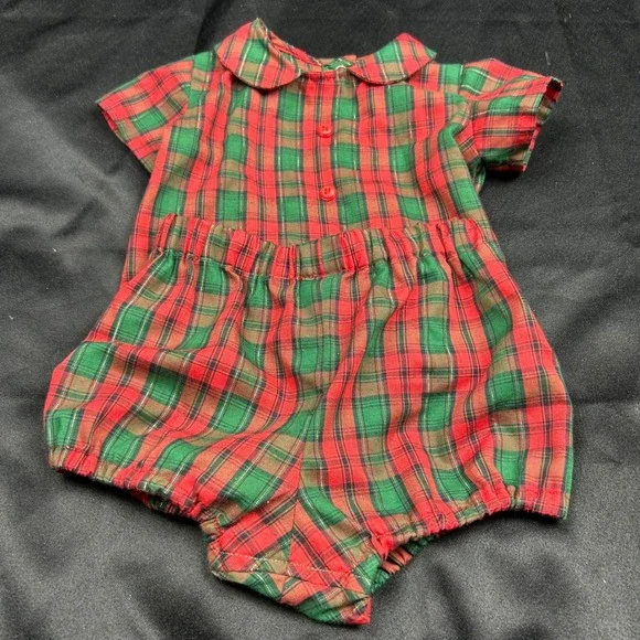 Vintage Baby Christmas Plaid Outfit Set Red Green Gold 3-9 Months Holiday 2pc