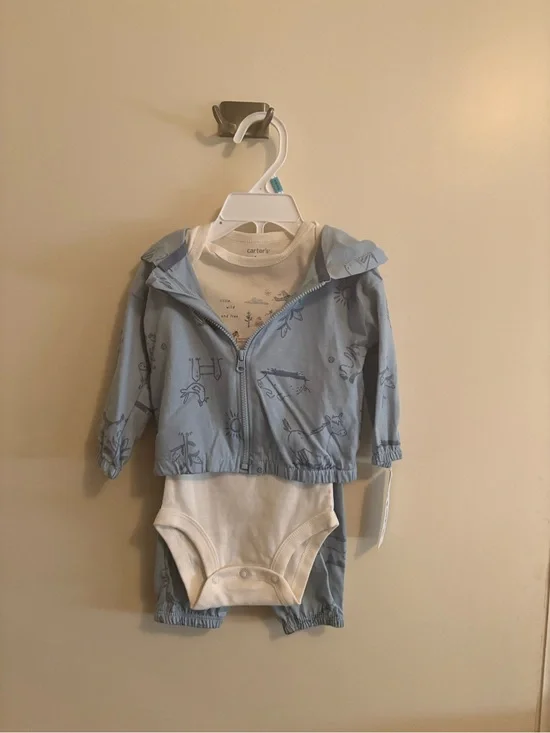 New Carter's Light Blue Baby Hoodie Set with White Bodysuit - 6M