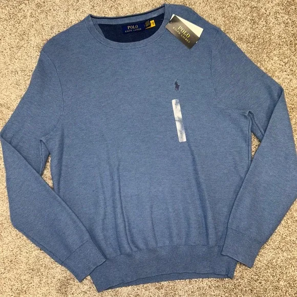 NWT Polo Ralph‎ Lauren Textured Cotton Long Sleeve Pullover Men LARGE Blue Htr