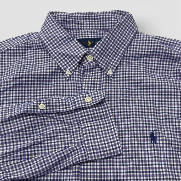 Polo Ralph Lauren Mens Gingham Button Down Shirt Long Sleeve Purple Large Cotton