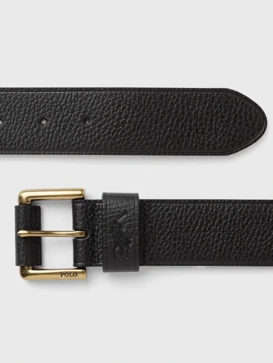 Polo by Ralph Lauren Black Pebbled Leather Belt with Gold Buckle