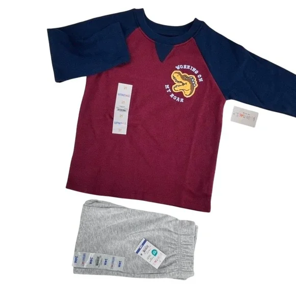 Garanimals Outfit Set Boys 2T/24M Wine Grey Dinosaur Raglan Thermal Joggers
