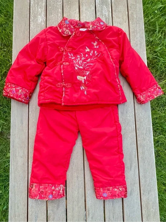 Vintage‎ Red Embroidered Chinese Toddler Set Padded Satin Lunar New Year Outfit