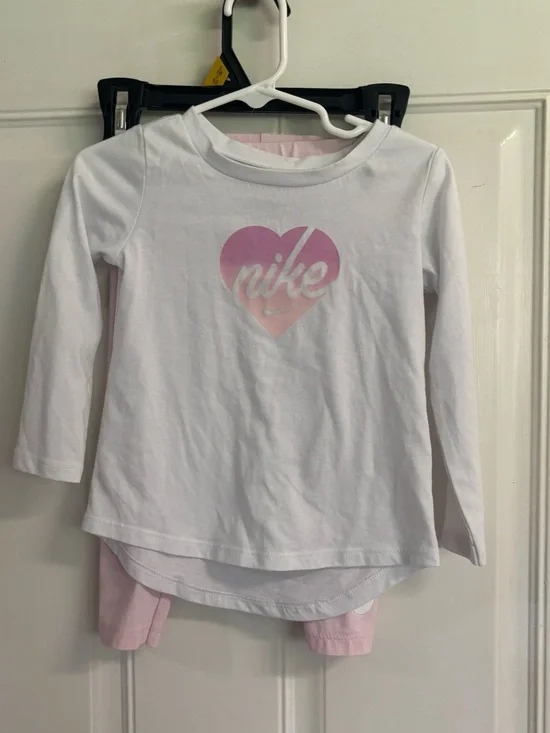 24M Nike white/Echo pink heart Long Sleeve Graphic T-Shirt & Leggings Set.  EUC