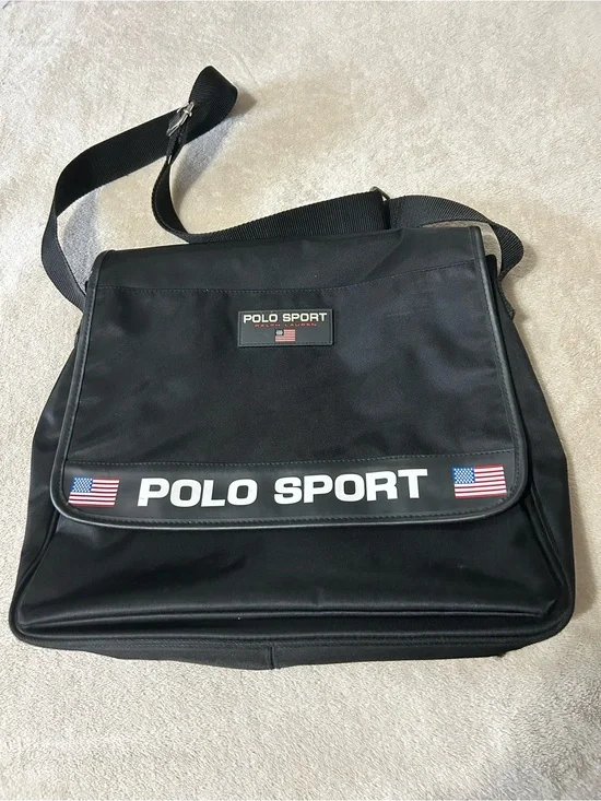 VTG Polo Sport Ralph Lauren Messenger Bag Black Crossbody Y2K Flag Logo Utility