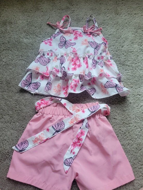 Pink Butterfly Ruffle Tank and Shorts Set