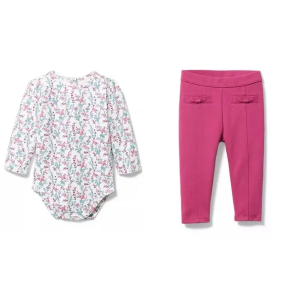 Janie & Jack Pink & White Floral Long Sleeve Floral Bodysuit & Pants Set 6-12M
