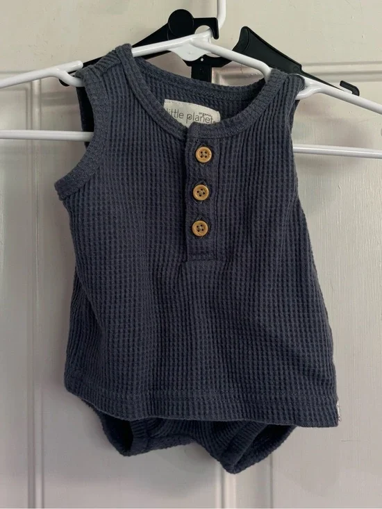 NB Little Planet solid Coastal Blue Waffle sleeveless Henley Knit Shorts Set