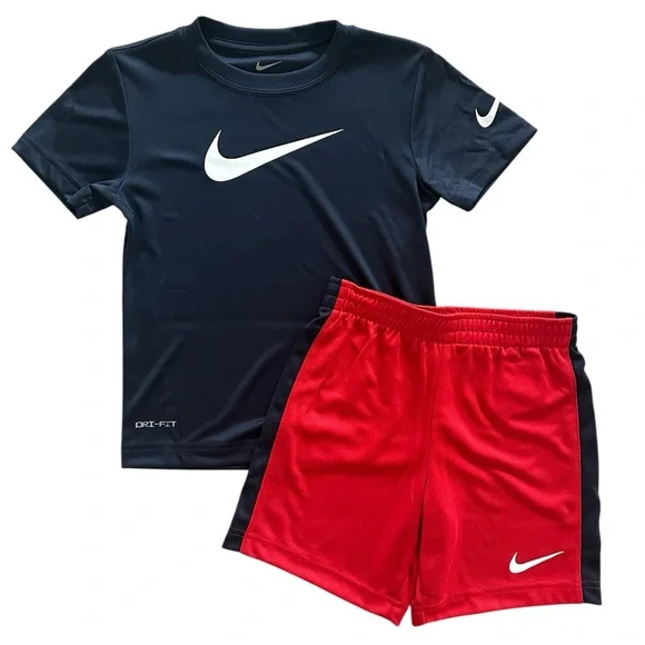 Nike Boys Size 5 Dri-FIT Athletic Set Navy Shirt Red Shorts 2PC Outfit NWT