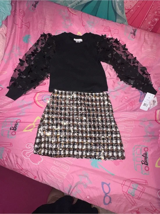 Girls Black Knit Top & Tweed Skirt Matching Set - Black