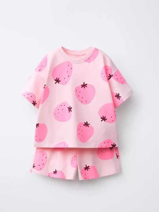 Kids Pink Strawberry Print Pajama Set