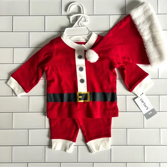 3M🎅🏻 Carter’s Santa Baby Suit Red Outfit & Plush Faux Fur Hat NEW 3 Piece Set