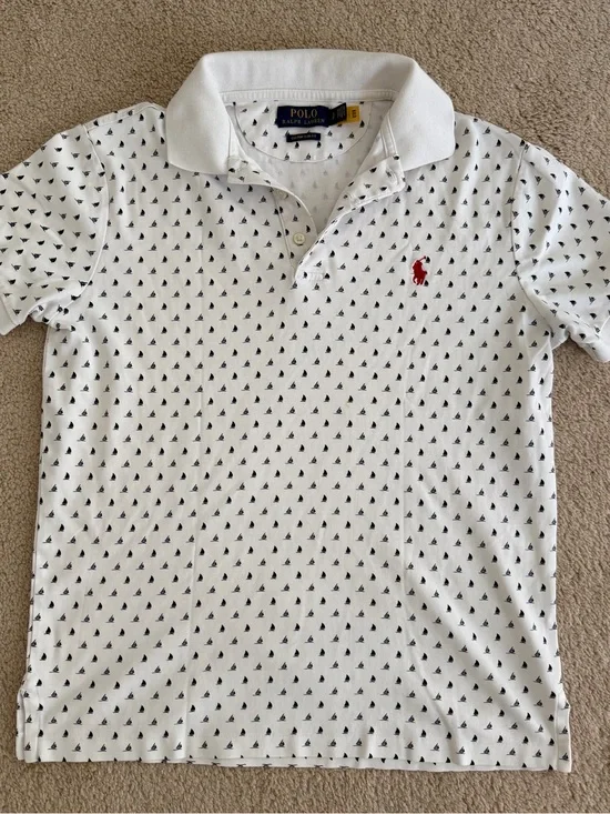 Polo by Ralph Lauren White Polo with Navy Sailboat Print and Gold Logo