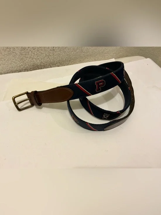 Polo Ralph Lauren Navy Blue Red Striped Logo Crest Belt Men’s Sz 42/105 vintage