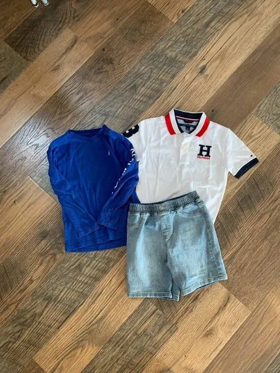 Boys size 6 Levi's Denim Shorts-Nautica Blue Shirt- Tommy Hilfiger White Polo