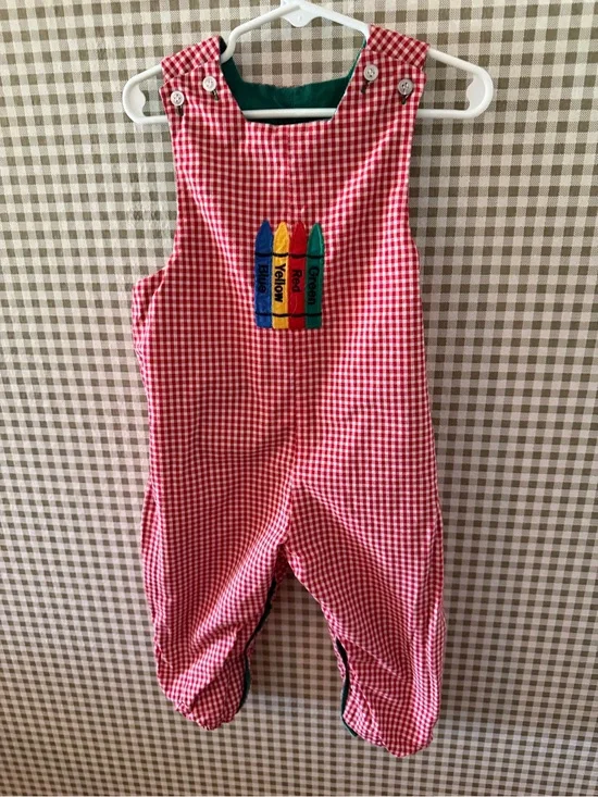 Red Gingham Kids' Crayon Applique Overalls - Unbranded