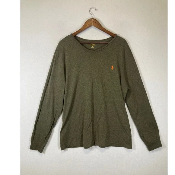 Classic Polo Ralph Lauren Men XL Olive Green V-Neck Long Sleeve Cotton Tee Shirt
