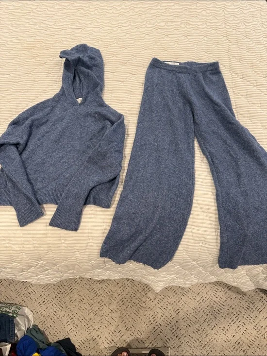 Zara Kids Heathered Blue Knit Hoodie & Wide-Leg Pants Set