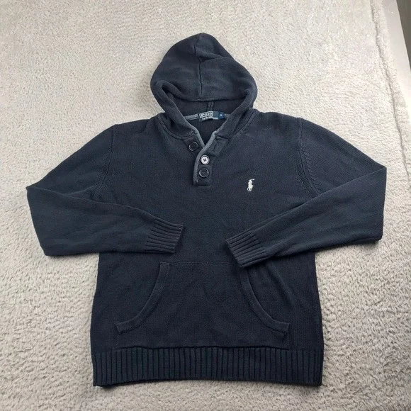Polo Ralph Lauren Henley Hoodie Mens XL Navy Blue Cotton Knit Pullover Sweater