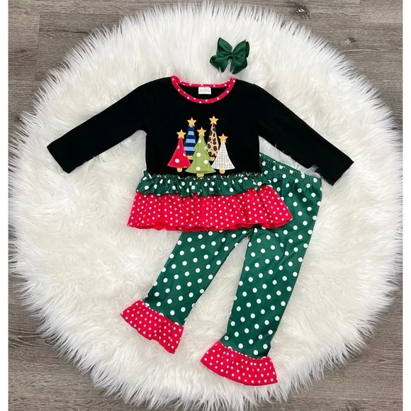Boutique Girls Holiday Trees Ruffles 2pc Outfit 2T‎ NEW
