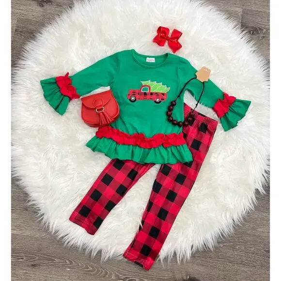 Christmas Outfit Set Truck Applique Ruffle Top Plaid Leggings‎ Bow Size 3T