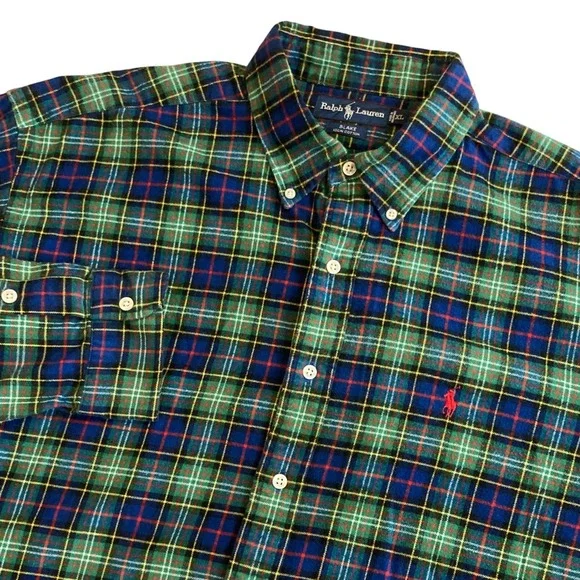 VTG Polo Ralph Lauren Blake Shirt Mens XL Green Blue Tartan Plaid Flannel Cotton
