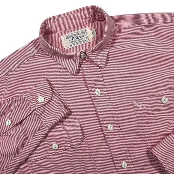 Polo Ralph Lauren Button Down Mens M Red Hickory Stripe Shirt Long Sleeve *Flaw