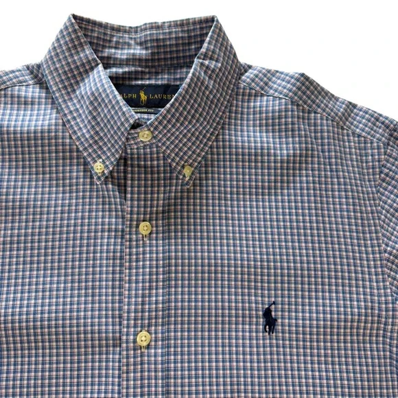 Ralph‎ Lauren Mens Custom Fit Gingham Button Down Shirt Blue Pink Size M