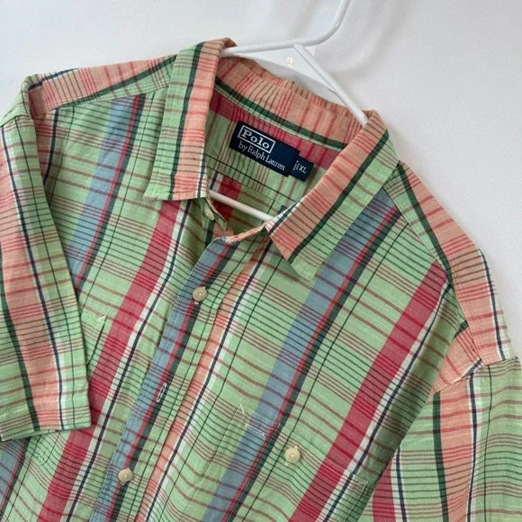 Polo Ralph Lauren Mens XL Plaid Short Sleeve Button Down Shirt Green Red Madras