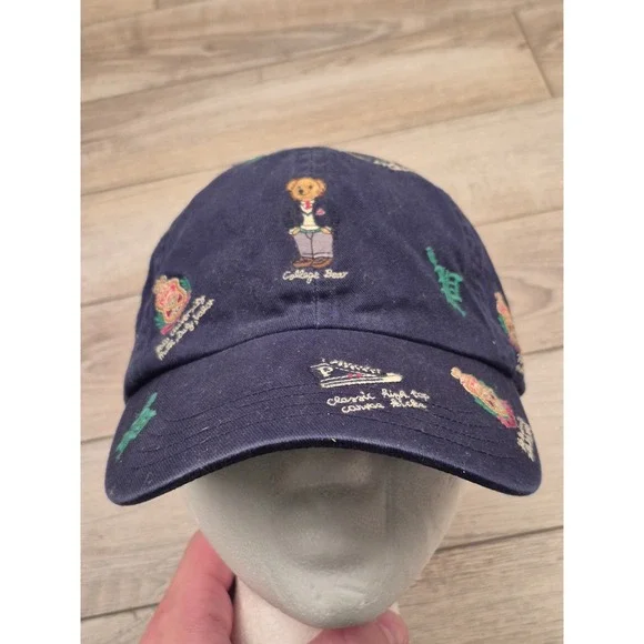 Polo Ralph Lauren College‎ Bear Crest All Over Embroidery Navy Blue Hat Mens OS